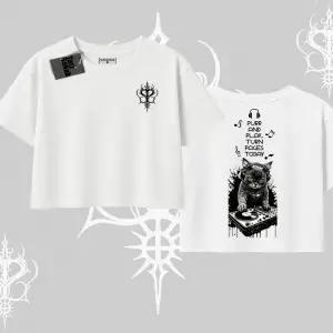 DJ Kedi Baskılı Müzik Temalı Oversize Crop Tshirt