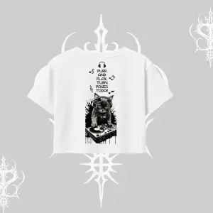 DJ Kedi Baskılı Müzik Temalı Oversize Crop Tshirt
