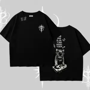 DJ Kedi Baskılı Müzik Temalı Oversize Tshirt