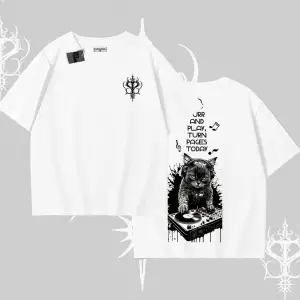 DJ Kedi Baskılı Müzik Temalı Oversize Tshirt