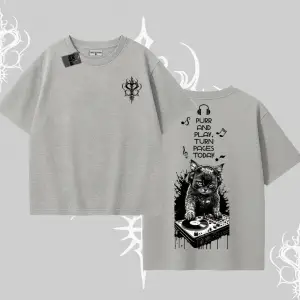 DJ Kedi Baskılı Müzik Temalı Oversize Tshirt