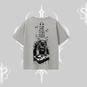 DJ Kedi Baskılı Müzik Temalı Oversize Tshirt