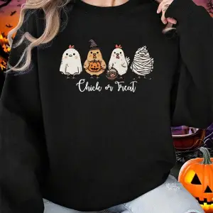 Dört Farklı Şekilli Civciv Baskılar Cadılar Bayramı Kazak Kadın Kış Polar Hoodie Crewneck Gev