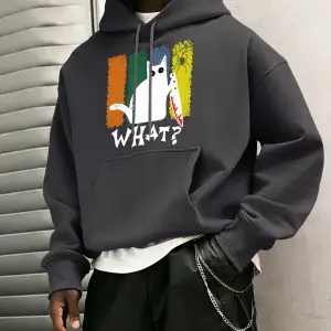 Doubtful Cat Handing Knife Prints Casual Warm Hoody Men Trendy Loose Sweatshirts Basic Simple