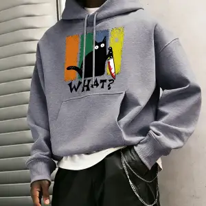 Doubtful Cat Handing Knife Prints Casual Warm Hoody Men Trendy Loose Sweatshirts Basic Simple