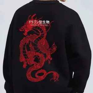 Dragon & Slogan Graphic Drop Shoulder Sweatshirt Siyah