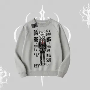 Dream Big Yazılı Takım Elbiseli Kedi Baskılı Biskilet Sweatshirt