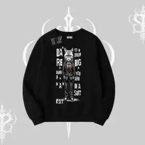 Dream Big Yazılı Takım Elbiseli Kedi Baskılı Biskilet Sweatshirt