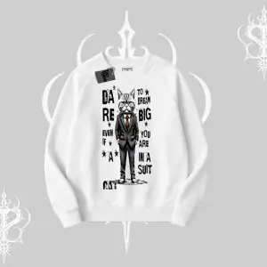 Dream Big Yazılı Takım Elbiseli Kedi Baskılı Biskilet Sweatshirt