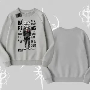 Dream Big Yazılı Takım Elbiseli Kedi Baskılı Biskilet Sweatshirt