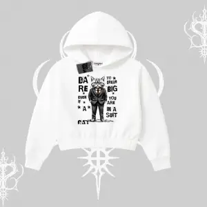 Dream Big Yazılı Takım Elbiseli Kedi Baskılı Kapşonlu Crop Sweatshirt