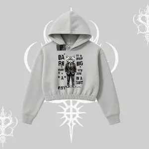 Dream Big Yazılı Takım Elbiseli Kedi Baskılı Kapşonlu Crop Sweatshirt