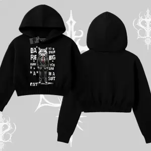 Dream Big Yazılı Takım Elbiseli Kedi Baskılı Kapşonlu Crop Sweatshirt