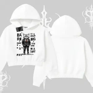 Dream Big Yazılı Takım Elbiseli Kedi Baskılı Kapşonlu Crop Sweatshirt