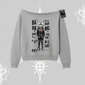 Dream Big Yazılı Takım Elbiseli Kedi Baskılı Kayık Yaka Sweatshirt