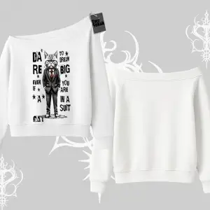 Dream Big Yazılı Takım Elbiseli Kedi Baskılı Kayık Yaka Sweatshirt