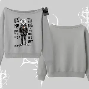 Dream Big Yazılı Takım Elbiseli Kedi Baskılı Kayık Yaka Sweatshirt