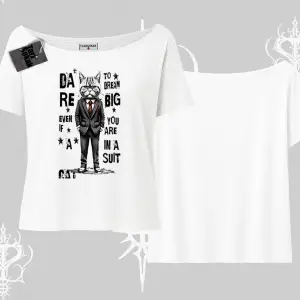 Dream Big Yazılı Takım Elbiseli Kedi Baskılı Kayık Yaka Tshirt