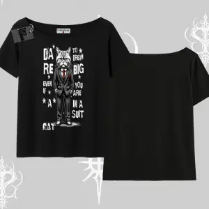 Dream Big Yazılı Takım Elbiseli Kedi Baskılı Kayık Yaka Tshirt