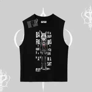 Dream Big Yazılı Takım Elbiseli Kedi Baskılı Kolsuz Tshirt