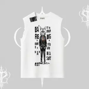 Dream Big Yazılı Takım Elbiseli Kedi Baskılı Kolsuz Tshirt