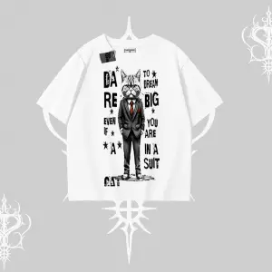 Dream Big Yazılı Takım Elbiseli Kedi Baskılı Oversize Tshirt