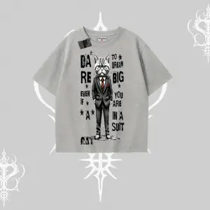 Dream Big Yazılı Takım Elbiseli Kedi Baskılı Oversize Tshirt