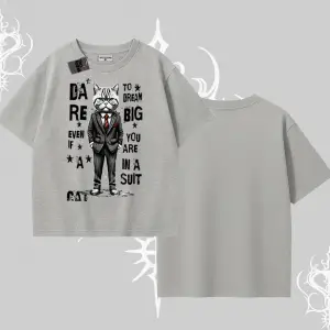 Dream Big Yazılı Takım Elbiseli Kedi Baskılı Oversize Tshirt