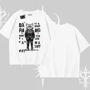 Dream Big Yazılı Takım Elbiseli Kedi Baskılı Oversize Tshirt
