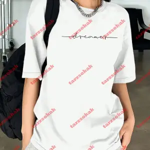 Dreamer Baskılı Oversize Bisiklet Yaka Tshirt Beyaz