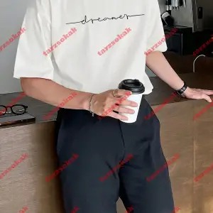 Dreamer Baskılı Oversize Bisiklet Yaka Tshirt Beyaz