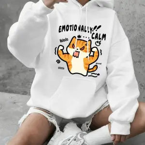 Duygusal olarak sakin kedi baskılar tişörtü kadın kış polar sıcak kapüşonlu üstler temel bisi