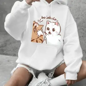 Eğlenceli İki Kedi Kavga Ediyor Baskılı Kapüşonlu Üst Kadınlar Kışlık Polar Sıcak Sweatshirt