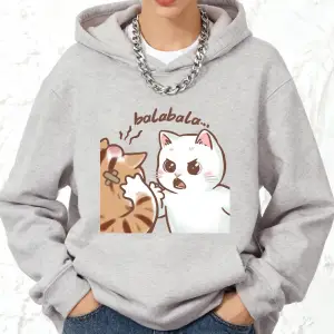 Eğlenceli İki Kedi Kavga Ediyor Baskılı Pamuklu Kapüşonlu Kadın Kışlık Bol Sweatshirt Polar S