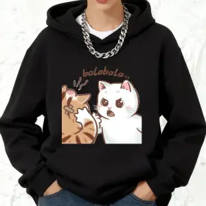 Eğlenceli İki Kedi Kavga Ediyor Baskılı Pamuklu Kapüşonlu Kadın Kışlık Bol Sweatshirt Polar S