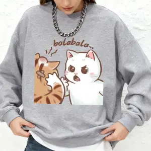 Eğlenceli İki Kedi Kavga Ediyor Baskılı Sweatshirt Kadınlar Sonbahar Bol Jogger Kapüşonlu Üst