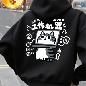 Eğlenceli Kedi Baskılı Kapüşonlu Üstler Kadınlar İçin Günlük Bol Sweatshirt Kışlık Polar Sıca