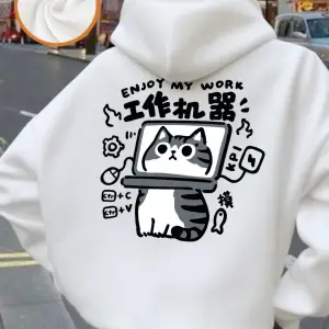 Eğlenceli Kedi Baskılı Kapüşonlu Üstler Kadınlar İçin Günlük Bol Sweatshirt Kışlık Polar Sıca