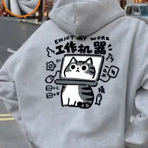 Eğlenceli Kedi Baskılı Kapüşonlu Üstler Kadınlar İçin Günlük Bol Sweatshirt Kışlık Polar Sıca