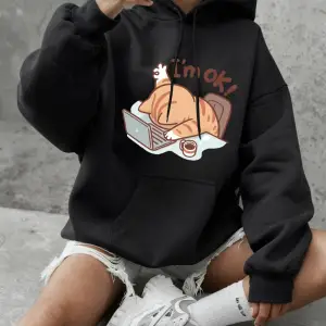 Eğlenceli Kedi Ben İyiyim Baskılı Kapüşonlu Üstler Kadın Günlük Bol Sweatshirt Kışlık Polar S