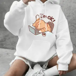 Eğlenceli Kedi Ben İyiyim Baskılı Kapüşonlu Üstler Kadın Günlük Bol Sweatshirt Kışlık Polar S