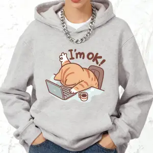 Eğlenceli Kedi Ben İyiyim Baskılı Pamuklu Kapüşonlu Üstler Kadınlar İçin Cepli Eşofman Üstü S