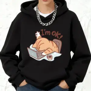 Eğlenceli Kedi Ben İyiyim Baskılı Pamuklu Kapüşonlu Üstler Kadınlar İçin Cepli Eşofman Üstü S