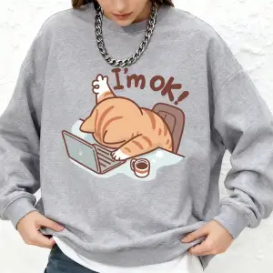 Eğlenceli Kedi Ben İyiyim Baskılı Sweatshirt Kadın Sonbahar Sıcak Uzun Kollu Kapüşonlu Üstler