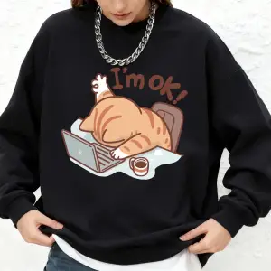 Eğlenceli Kedi Ben İyiyim Baskılı Sweatshirt Kadın Sonbahar Sıcak Uzun Kollu Kapüşonlu Üstler
