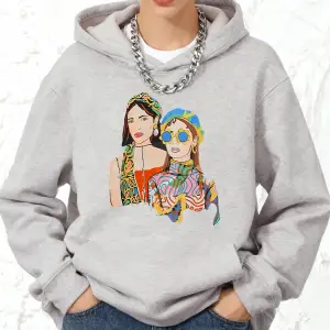 El Boyalı Şehir Kızları Baskılı Kapüşonlu Pamuklu Kadın Kışlık Polar Sıcak Kazak Cepli Joggin