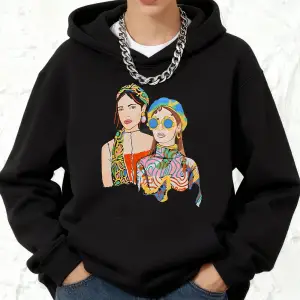 El Boyalı Şehir Kızları Baskılı Kapüşonlu Pamuklu Kadın Kışlık Polar Sıcak Kazak Cepli Joggin