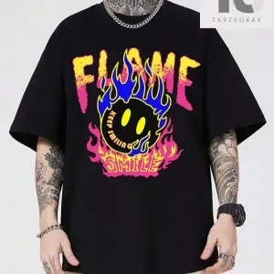 Emoji Baskılı ve Harfli Kısa Kollu Erkek Tişört, Yuvarlak Yaka