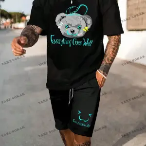 EMRG Erkek Ayı Slogan Baskılı T-Shirt ve Şort Takım