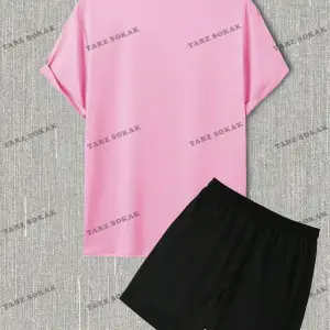 EMRG Erkek Harfli ve Çiçek Desenli Kısa Kollu Tişört ve Şort Takım